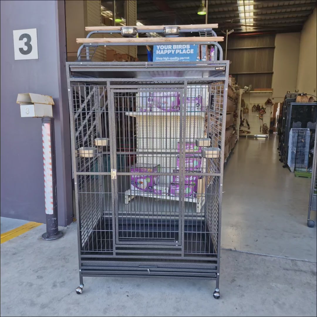 Video of the Xlarge Parrot Cage 403SB cage showing the play gym on top, feeders and door.