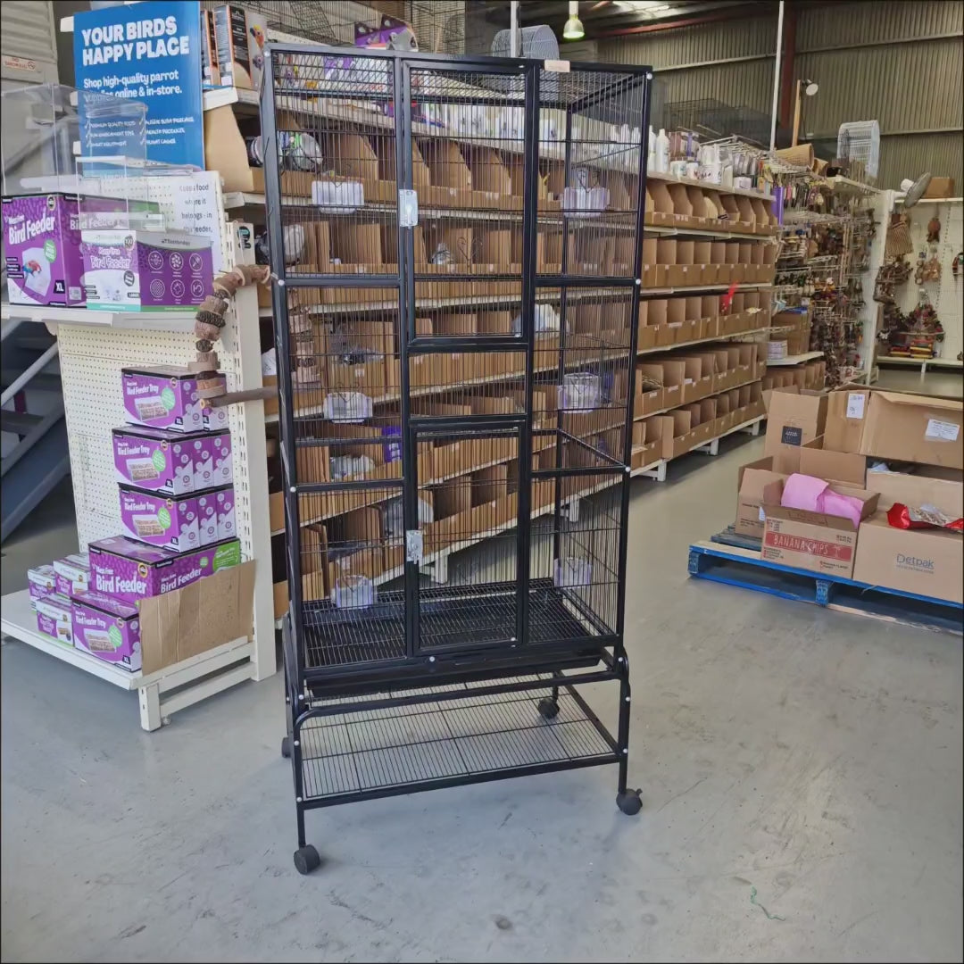 Video showing the Bird Cage 604T, its tall enclosure, twin front doors and wheeled stand with lower shelf