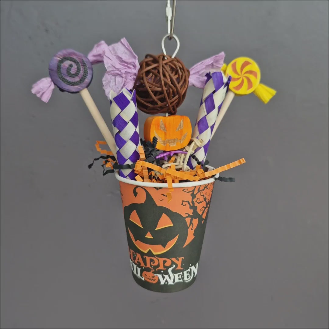 Halloween Parrot Treat Cup shown from different angles with colourful shreddable pieces