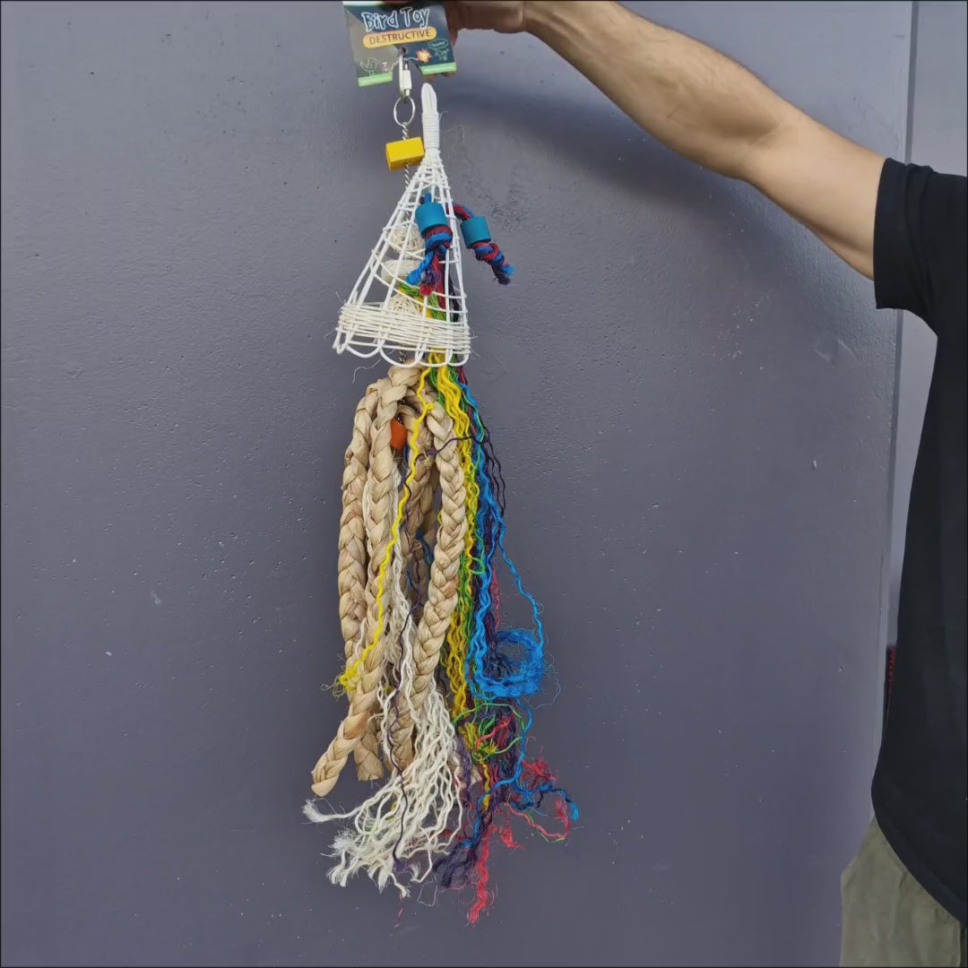 Bluebottle Jellyfish – seagrass, wicker and sisal rope bird toy for large parrots