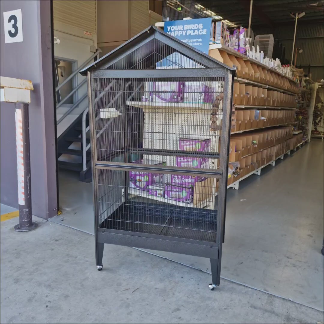 Video of the Patio Bird Cage 904SB showing the large access door and solid roof