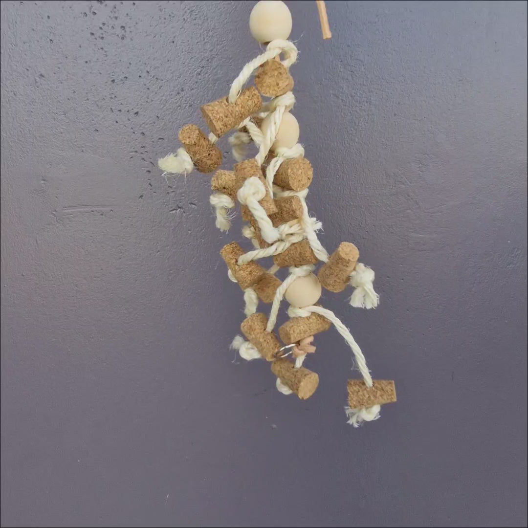 Birdie Naturals Cork Chaos – wooden bead, sisal rope and chewable cork play toy for small birds like budgies, cockatiels and conures