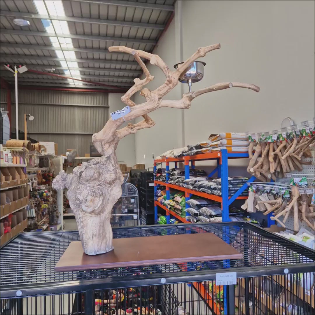 Video showing the Java Tabletop Play Gym 833, a hand crafted java wood tabletop stand with a food bowl and toy hook