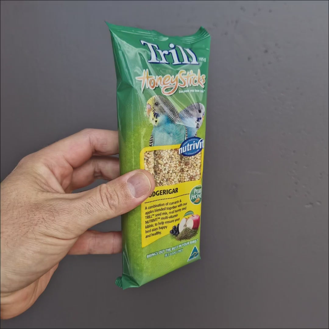 Trill Budgie Honeysticks 105g, honey coated seed sticks to hang in a budgie cage